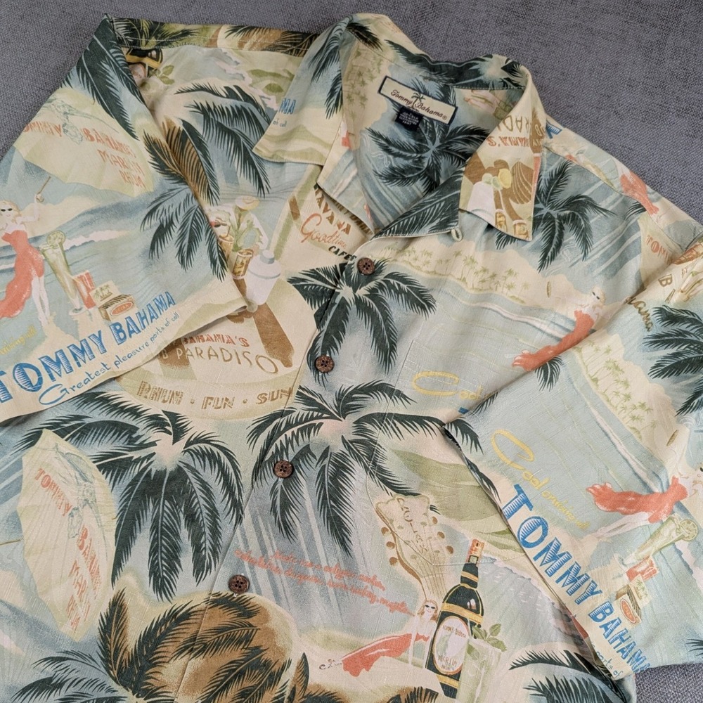 Tommy Bahama Shirt Mens L Silk Camp AOP Havana Tropical Postcard Beach Resort